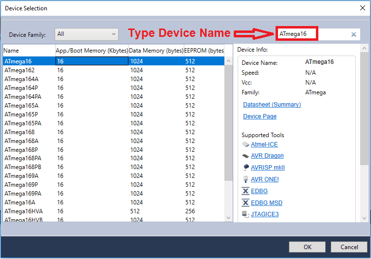 Atmel Studio Device Selection Window