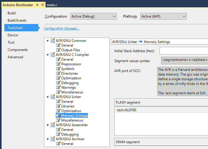 memory settings in atmel studio